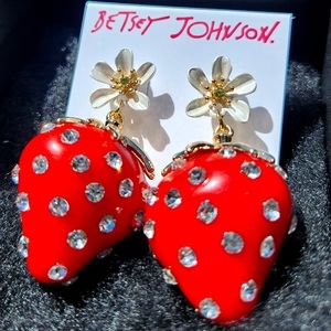 NWT Betsey Johnson Strawberry Earrings Crystal Lilly Flower Dangle Red White